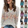 Women's Fashionable Oversized V-Neck T-Shirt With Floral Print Long-Sleeved Pullover Top