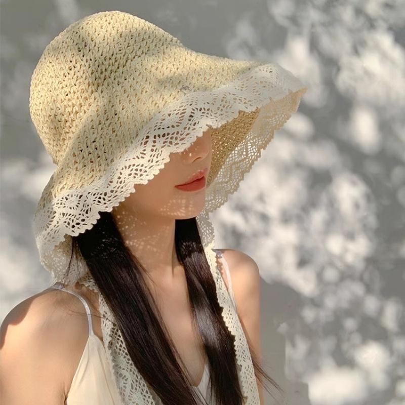 New Women'S Lace Sun Hat Wide Along The Beach Hat Summer Straw Hat Folding Sun Hat Head Women'S Beach Uv Protection Hat