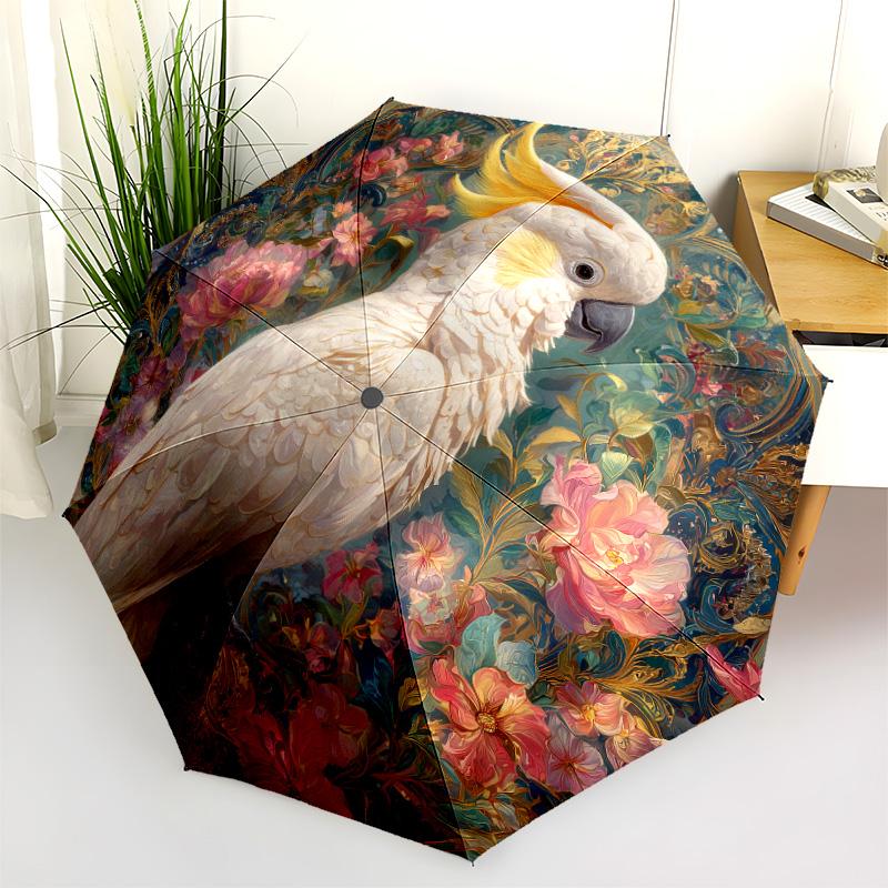 Flower Parrot Pattern, Automatic Folding Umbrella, Portable and Foldable Design, 8 Ribs, a Christmas or Birthday Gift.