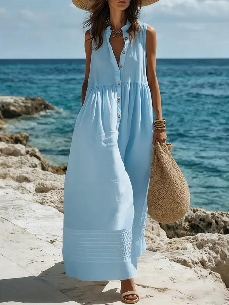 New European and American holiday style fashion casual big v-neck sleeveless big swing dress