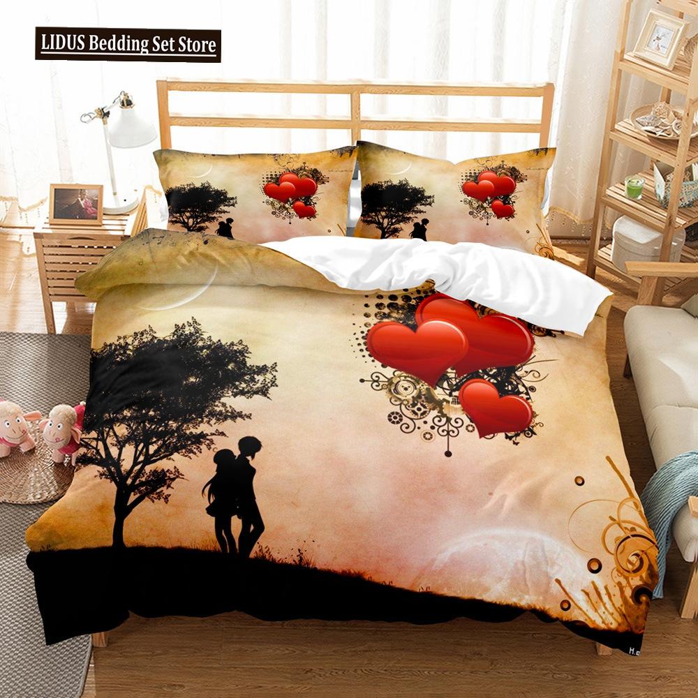 Love Duvet Cover Set Couple Hug Romantic Theme Tree Heart Shaped Polyester Comforter Cover King Full Size For Lover Bedding Set