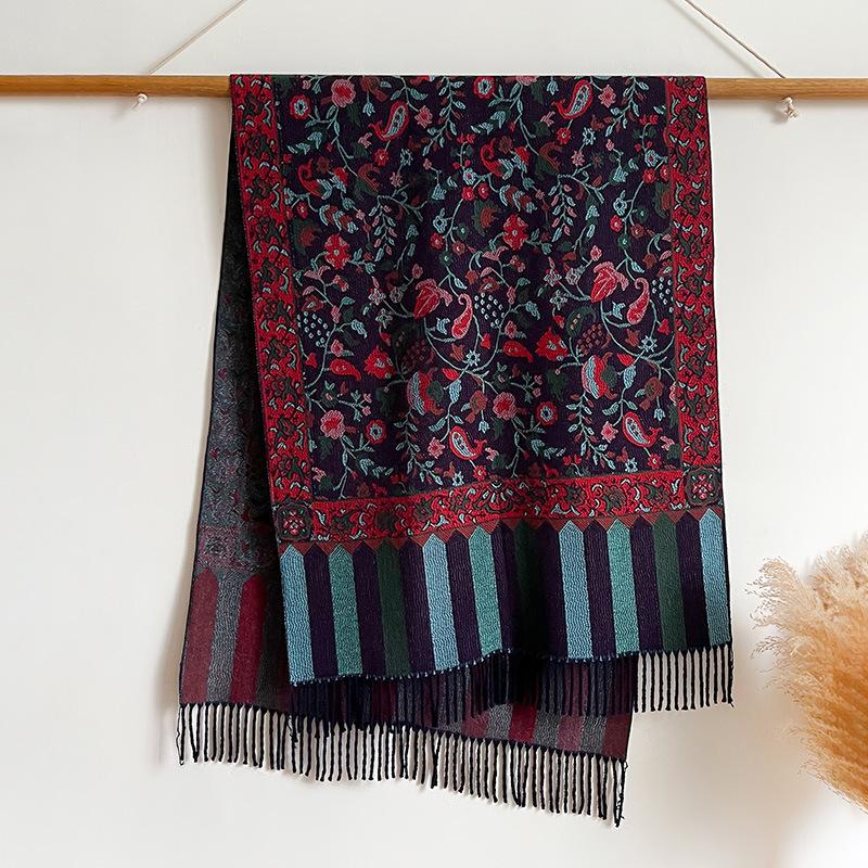 

Этнический стиль Растение Цветок Основа Пряжа Бахрома Модный женский теплый шарф Шаль Шарф 200*65 темно-синий