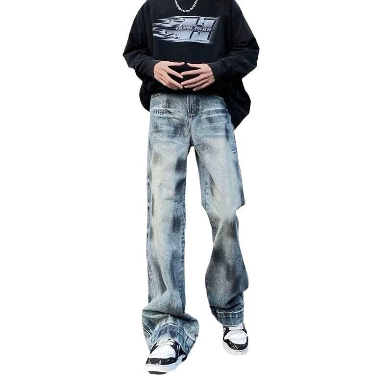 Hong Kong style new retro washed straight jeans men's street loose wide-leg trousers mid-waist trendy brand