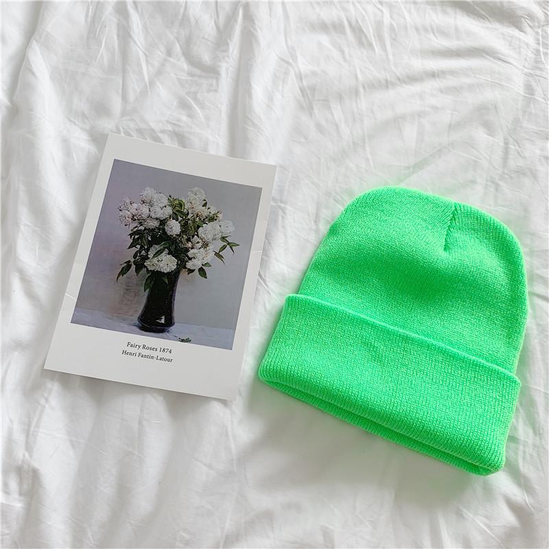 

Однотонная вязаная шапка женская Харадзюку универсальная тонкая студенческая шерстяная шапка женская осень-зима трендовая конфетного цвета шапка-пуловер Adjustable флуоресцентный зеленый