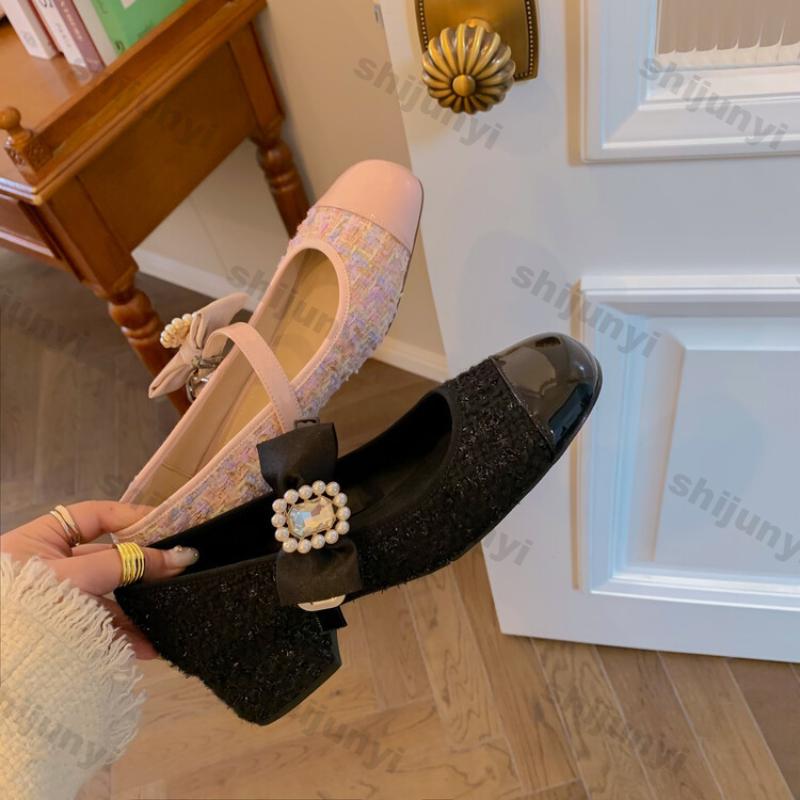 Fashion Women's Pink Bow Mary Jane Single-shoe Thick Medium Heel Shoes Princess Elegant High Heel Thick Heel Mary Jane Leather Shoes