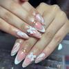 Almond Wearable Nails with White French Tips, Ice Transparent Bow, and Detachable Rhinestone Accents