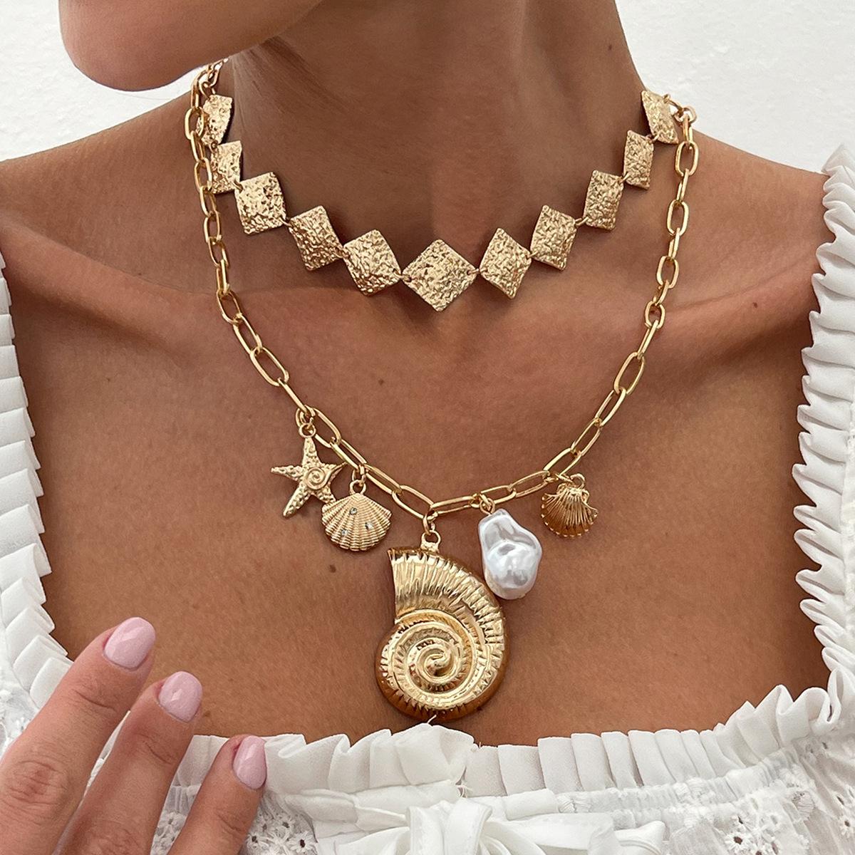 Ocean Wind Starfish Scallop Shell Large Conch Necklace, Fashionable Metal Rhombus Imitation Pearl Necklace