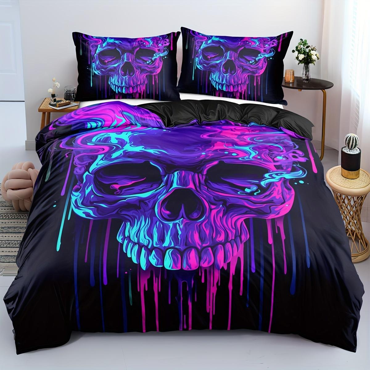 

Gothic Neon Skull Duvet Cover Set - 3D Digital Print Breathable Polyester Bedding Set with Zipper Closure - All-Season Comforter EU Twin(135x200cm)