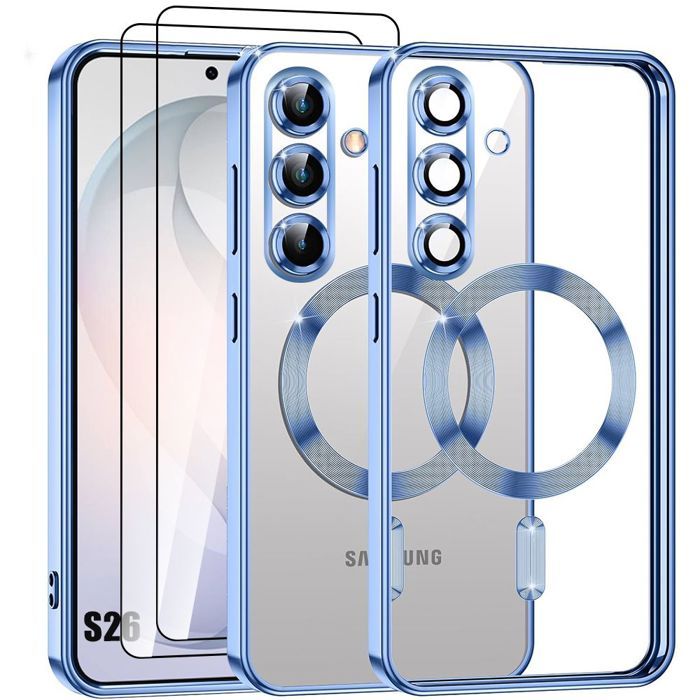 Coque + 2 Verres Trempés pour Samsung Galaxy S26, Protection Contour Bleu avec Cercle Magnétique