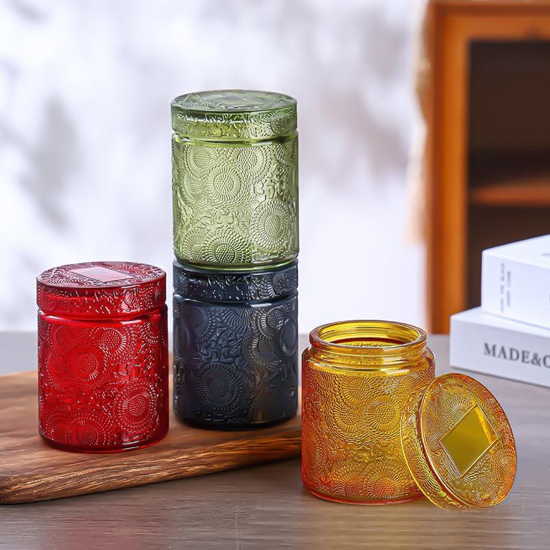 Fauvist Embossed Glass Candle Cup with Lid - DIY Soy Wax Aroma Diffuser