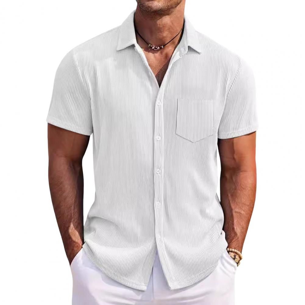 Summer Men Shirt Turn-down Collar Single-breasted Loose Plus Size Mid Length Solid Color Chest Pocket Short Sleeves Streetwear D