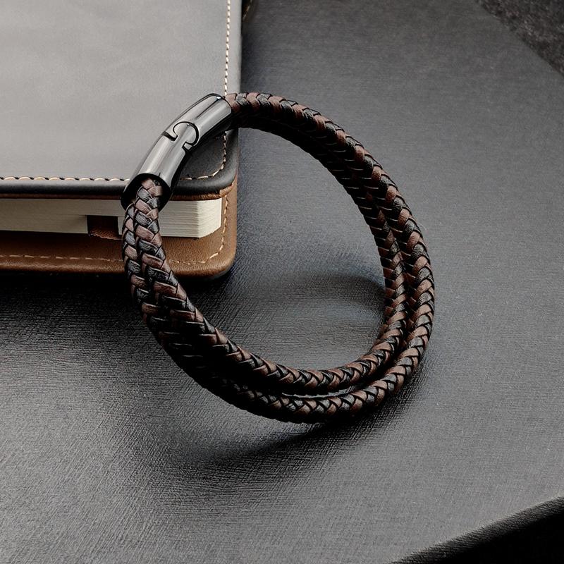 Titanium Steel Bracelet Double Layer Brown Black Leather Braided Rope Man High Quality Stainless Steel Magnetic For Women Gift