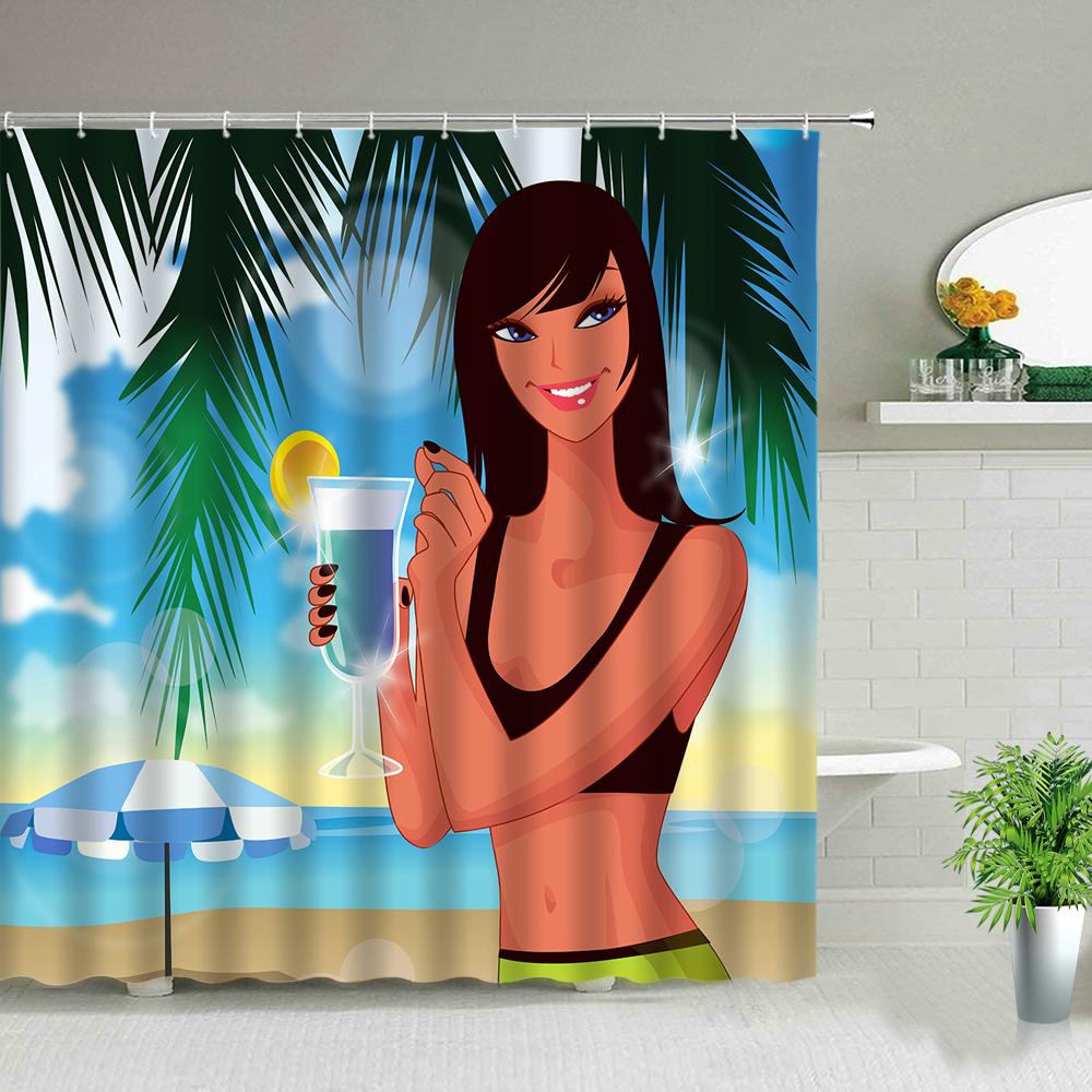 Sonnenlicht Strandmädchen Palme Surfbrett Landschaft Duschvorhänge Sexy Frau 3D-Druck Schicker Vorhang Badezimmerdekor Mit Haken