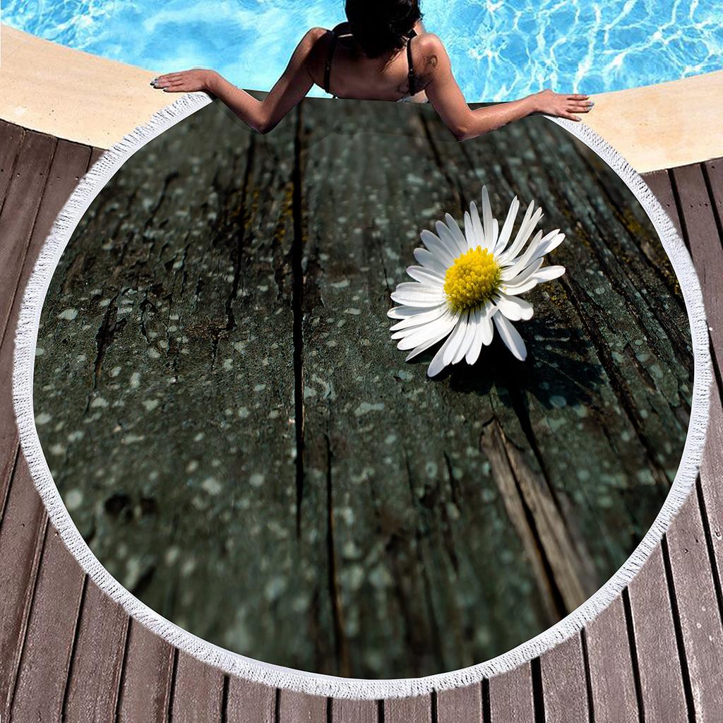 Floral Daisy Round Beach Towel,Microfiber Beach Blanket Sand Free Quick Dry Swim Pool Bath Circle Towel with Tassel for Teen Men