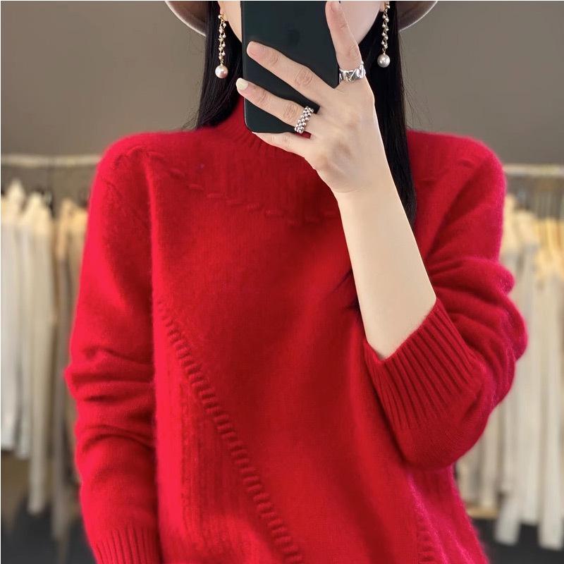 

Женский свитер с полувысоким воротом, плотный, однотонный, повседневный, свободный и утягивающий, вязаный свитер One size красный