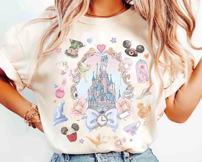 Watercolor Bow Castle Tshirt Magic Kingdom Girls Tshirt Suitable For Unisex Unisex Families Children