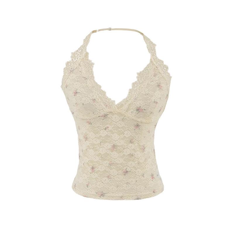 Women s Lace Halter Camisole: Summer Backless Slimming Spaghetti Strap Top Small бежевый/кремовый