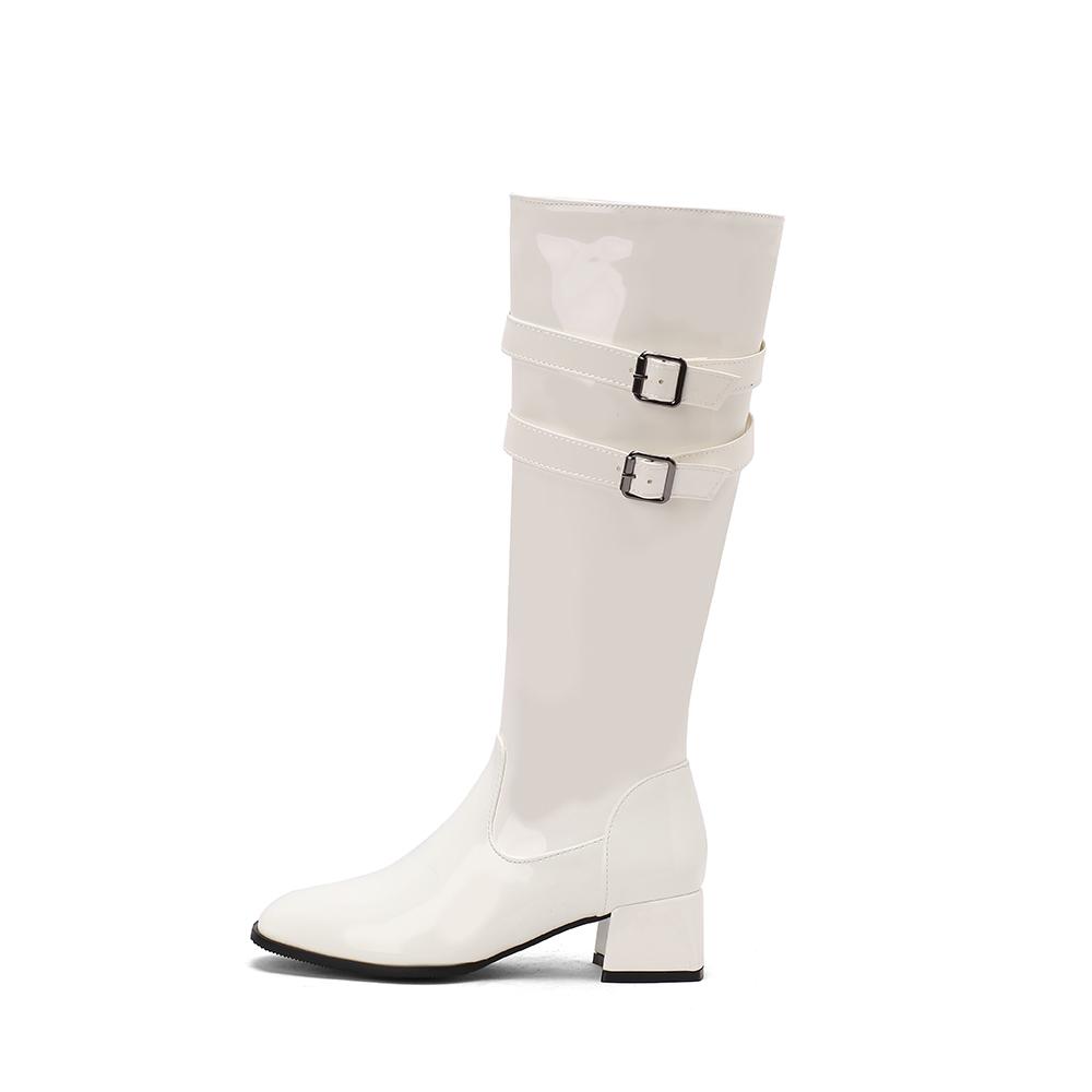 Red Black Women Knee High Boots Round Toe Mid Chunky Heels Small Big Size 32 46