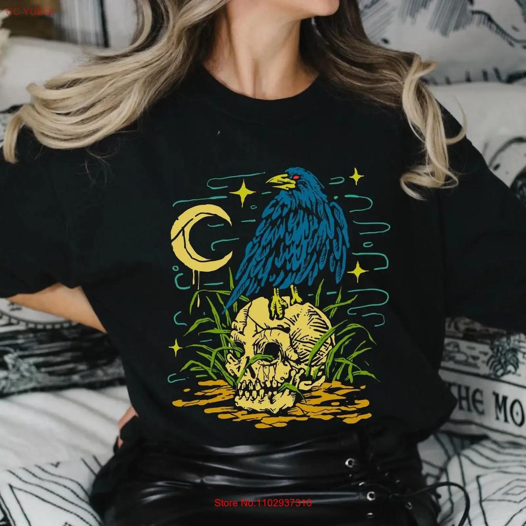 Gothic Raven Skull T Shirt Witchy Crow Dark Academia Whimsigoth Alternative Fashion Emo Vintage Unisex Streetwear Casual