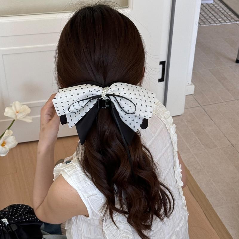 Haarspange mit französischem Punktmuster und Schleife, rutschfestem Halt, ideal für Damen und Mädchen, für Hochsteckfrisuren und Pferdeschwanzfrisuren.