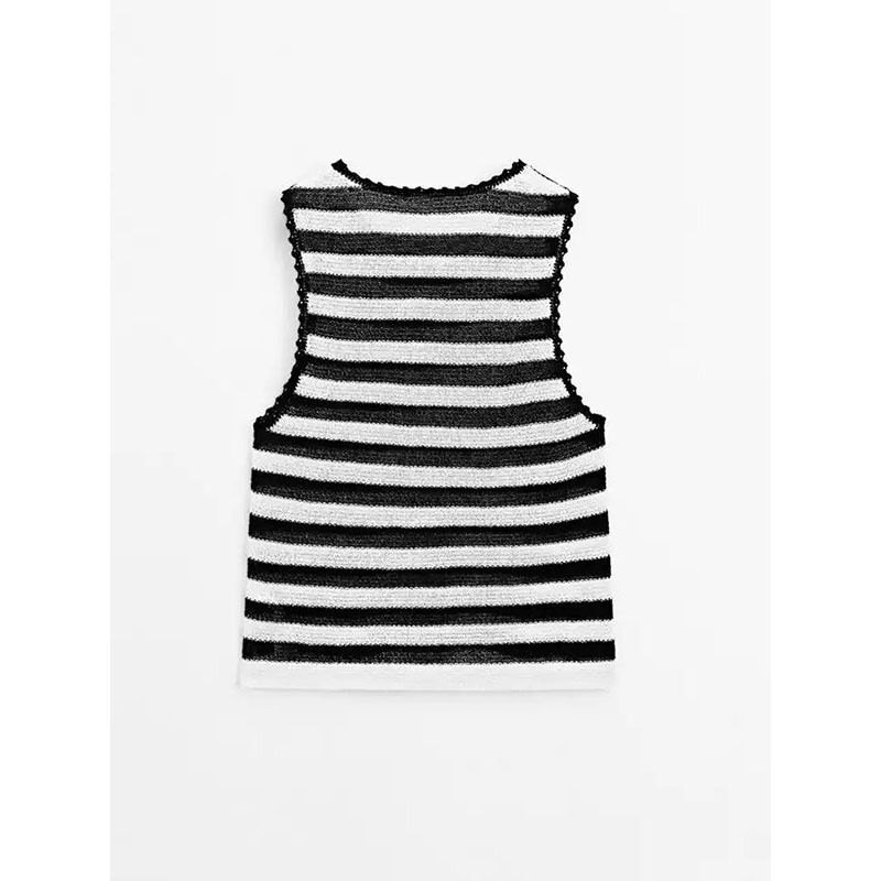 MD Women clothes Navigation Series Black and White Stripe Lace Knitted I-Shaped Vest Sleeveless T-shirt Top Tide 06811701800