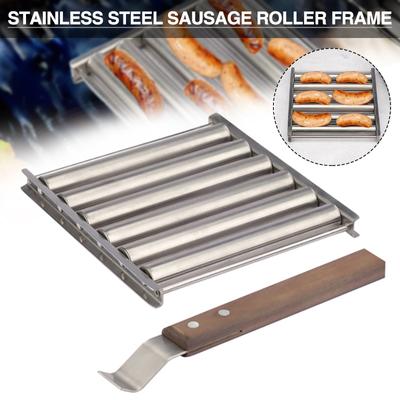 Sausage Roller Rack with Extra Long Wood Handle  Hot Dog Roller Stainless Steel BBQ Griller for Evenly Cooked