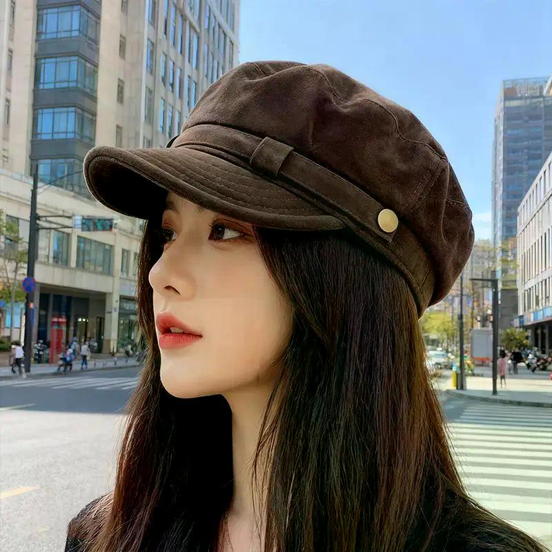 Retro Suede Beret Hat For Women Flat Top Newsboy Cap Autumn Winter Briti Sle Casual Foldable Warm Hat