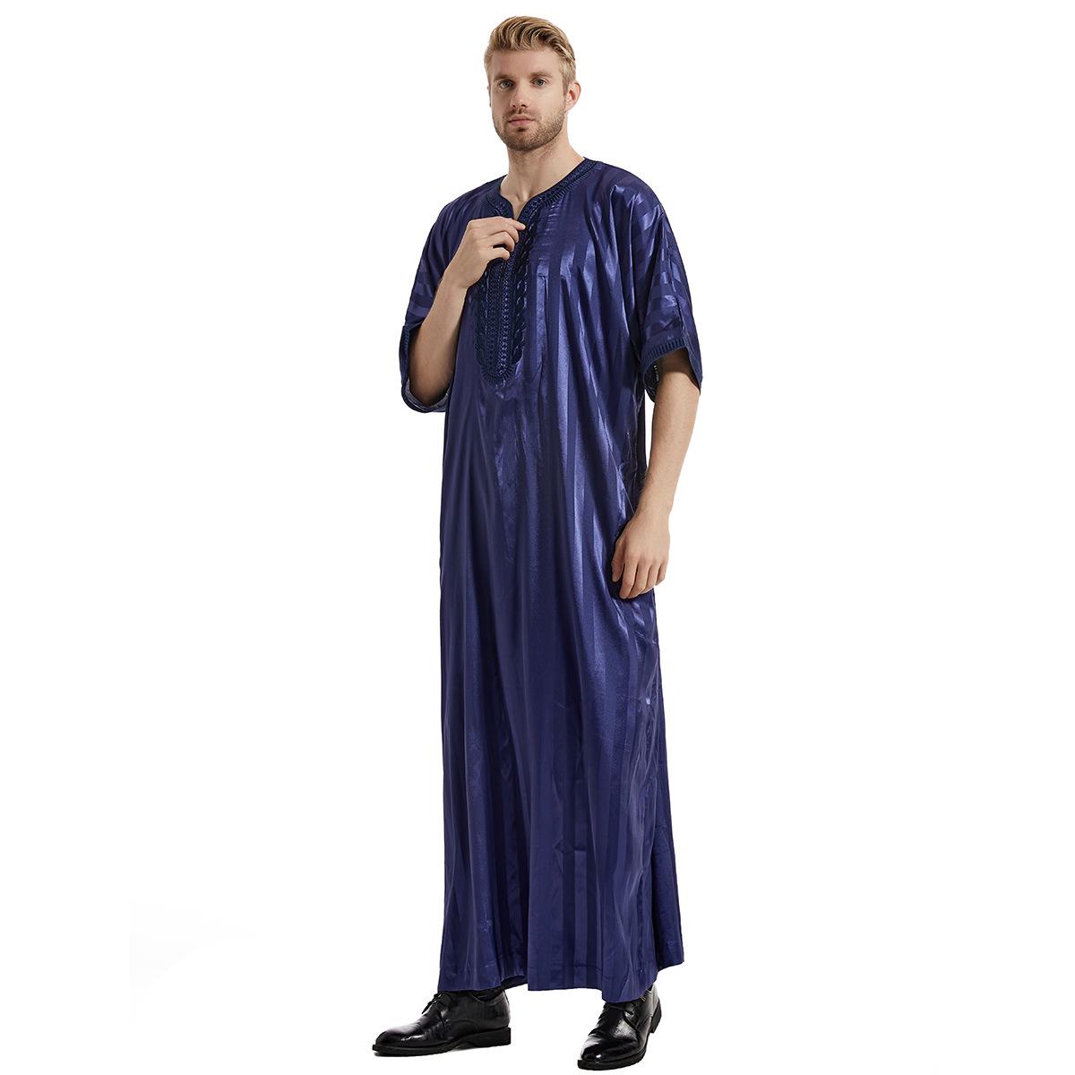 

Men s Embroidered Striped Mid-Sleeve Robe – Ethnic Short Sleeve Style M
