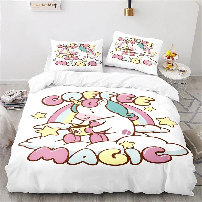 Unicorn Duvet Cover Pink Cartoon Unicorn Animals Romantic Theme Polyester ValentineS Day Gift For Children Girls Boy Room Decor