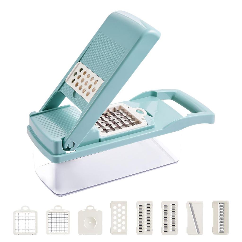 Bon Furniture Slicer 8 In Safety Vegetable Drainer Time Thin Egg White Blue Set, 1, Multi-Function, Holder, Cutter, Basket, Saving, Shredding,