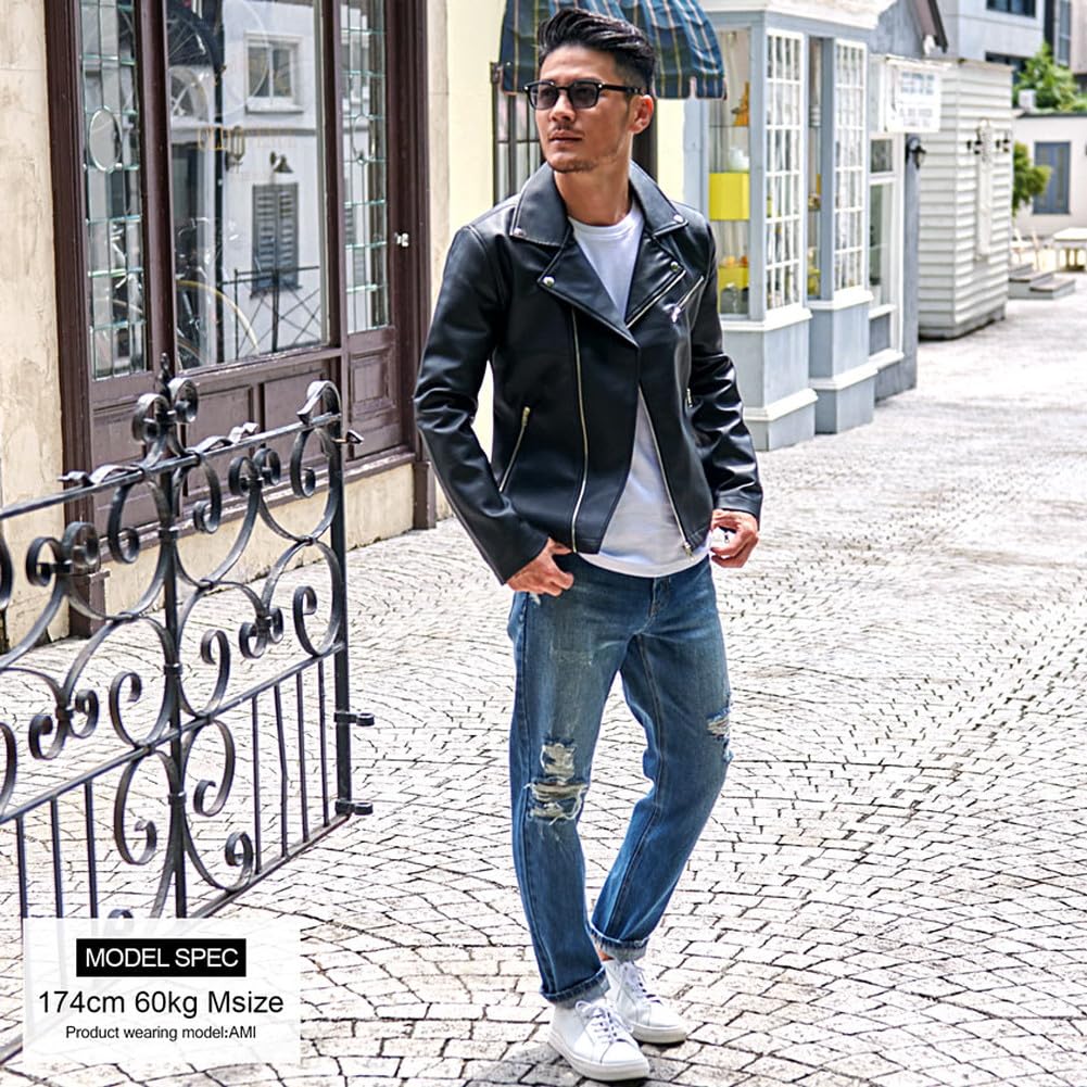 Vitch Unisex Leather Biker PU Leather Size 48 Black Men's Jacket, Double-Breasted Zipper, VISH19-13, (XL),