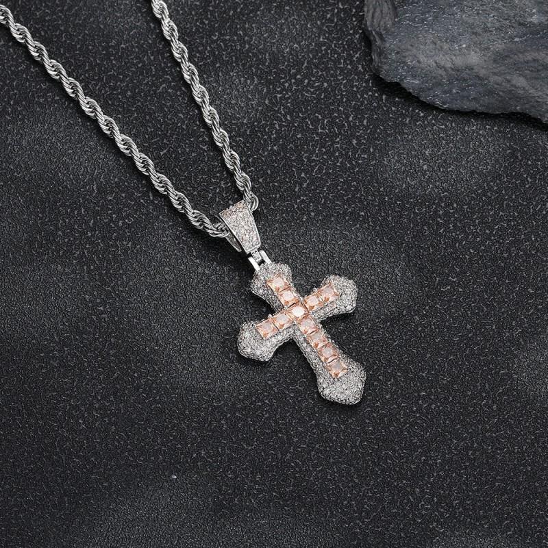 Stainless Steel Cross Pendant Necklace Men Women Hip Hop Style Full Zircon Crystal Chain Jewelry