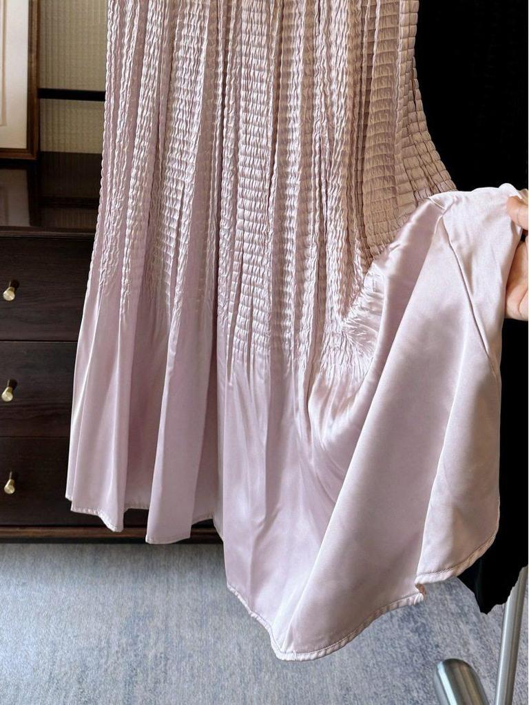 French High-End Black Satin Pleated Mermaid Skirt for Women - Spring New Arrival, Slimming A-line Design