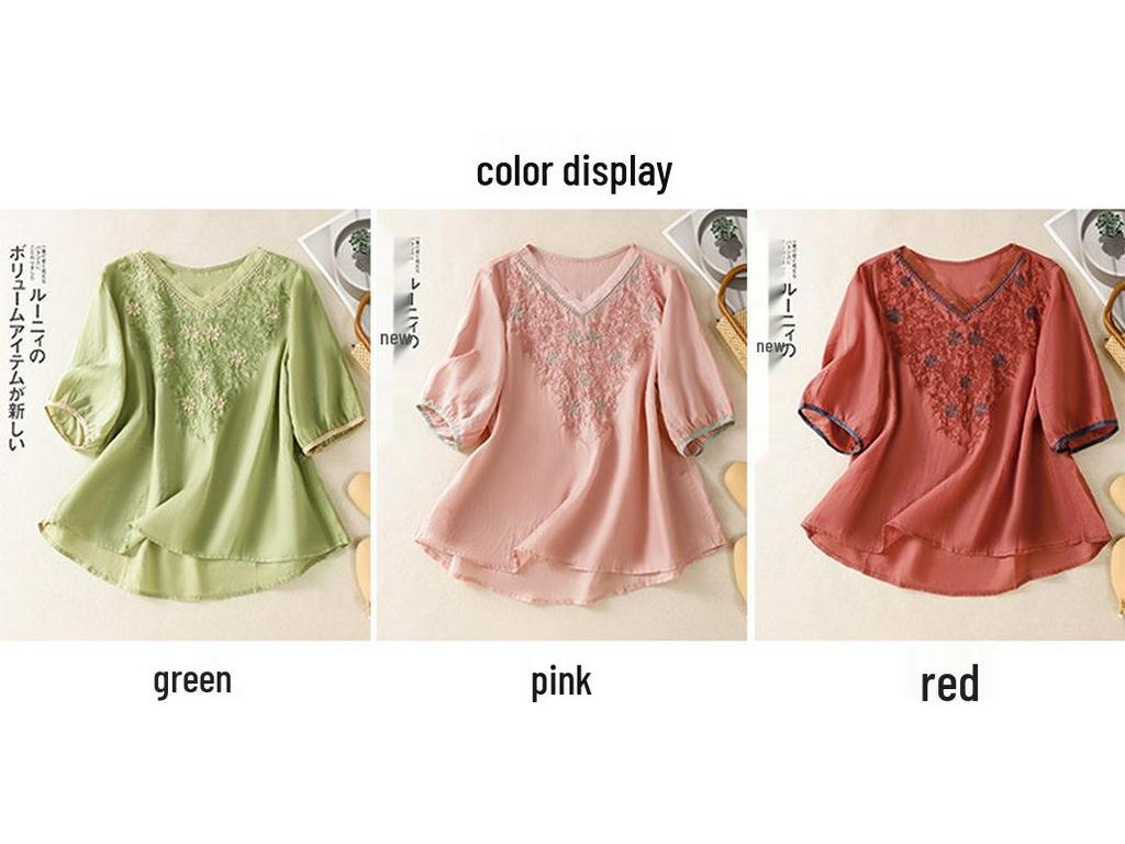 2025 Women's Summer Cotton Linen Embroidered V-Neck Loose Retro Pullover Shirt