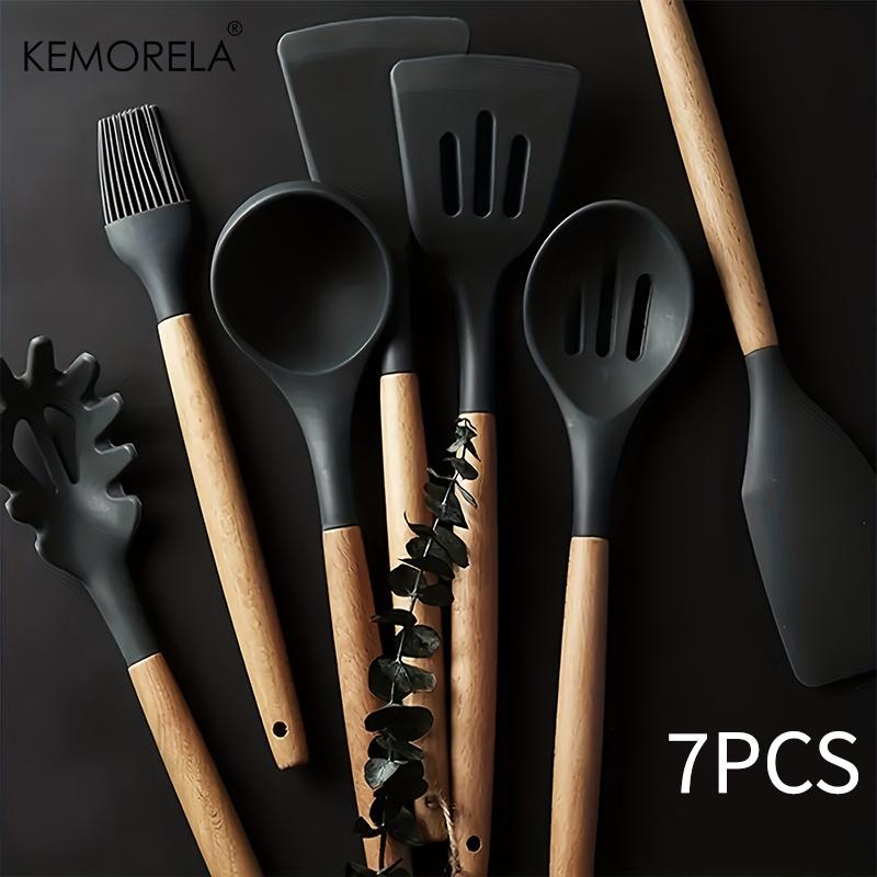 7PCS Heat-Resistant Silicone Kitchen Utensil Set with Wooden Handles - Food-Grade Cooking Tools for Cooking, Baking & Serving