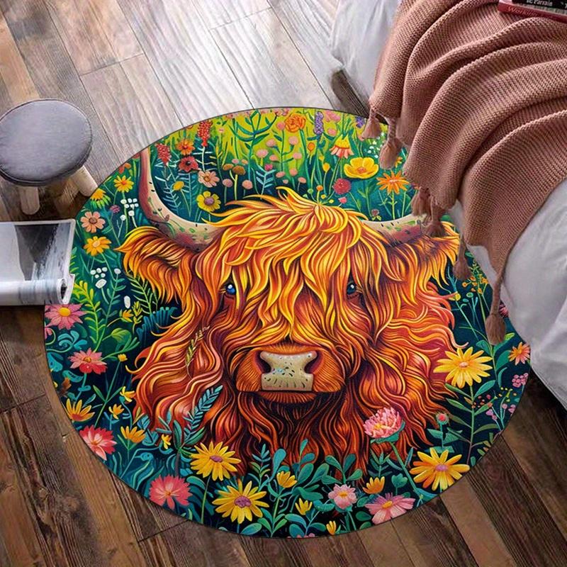 Colorful Highland cow floral meadow round rug crystal velvet nature art home decor vibrant animal print living room carpet