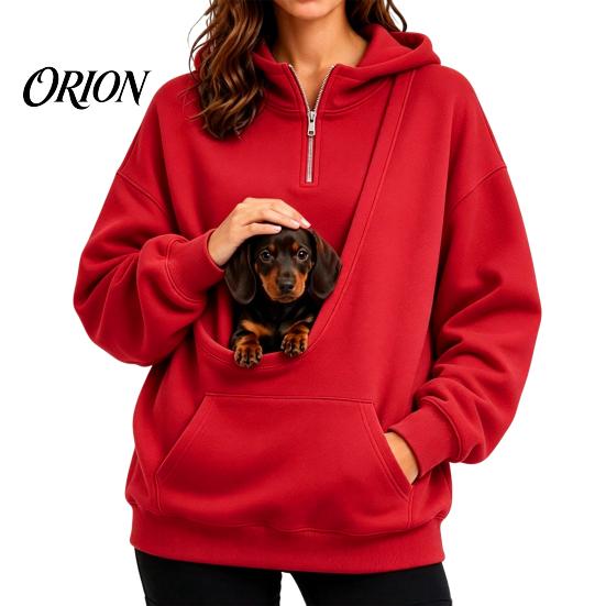 Travel Sweatshirt with Front Pouch Women Hoodie Pet Carrier Pocket, Half Zipper Pullover Sweatshirt, Dog for Small Pets Loose Fit Long Sleeve