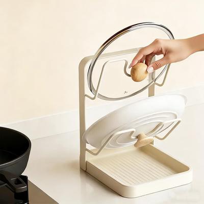Pot Lid Holder Organizer with Drain Tray Space Saving Kitchen Storage Rack for Pan Covers Cutting Board Countertop Organization