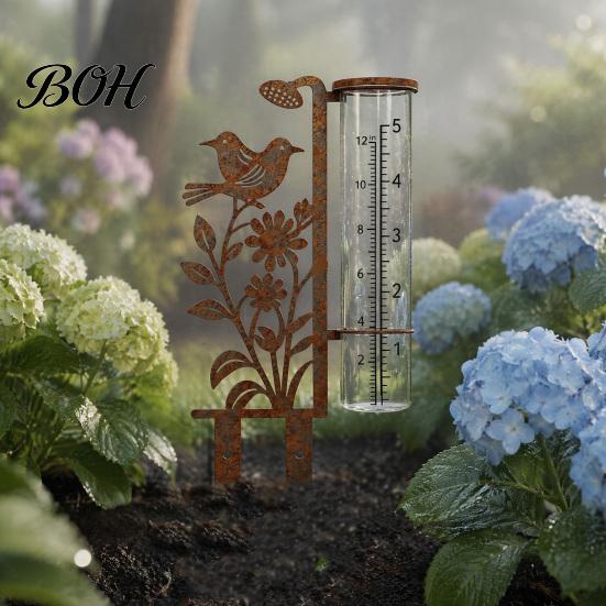 Regenmesser für Garten Außen, 7,8 Zoll Messgeräte zur Niederschlagsmessung, Frostsicherer Bewässerungszeitplan Werkzeugmesser, Vintage Blume Vogel Hof