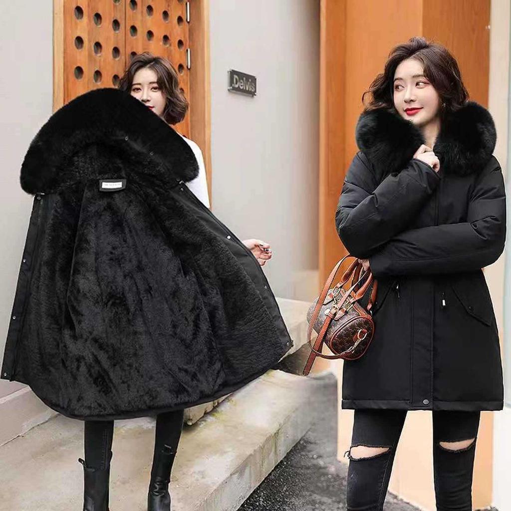 2025 Winter Women's Mid-Length Fur Collar Cotton Coat with Velvet Padding