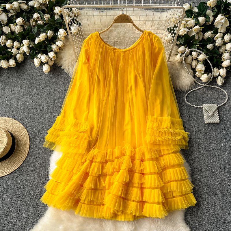

French Dress Female 2024 New Arrival Niche Style Vintage Court Style Loose Slimming Mesh Puffy Lotus Leaf Skirt Yellow One size