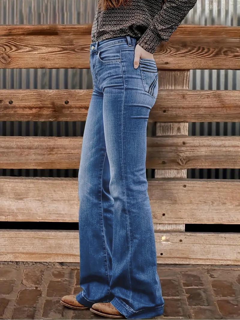 Women s Blue Embroidered Elastic Waist Wide-Leg Jeans L