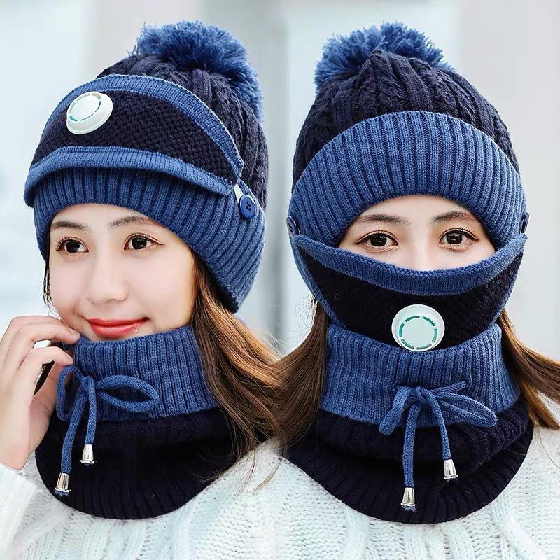 Winter Fashion Cycling Hat, Ear Protection, Wool Hat, Mask, Scarf, Korean Version of the Tide Knitted Warm Breathing Valve Three-piece Hat