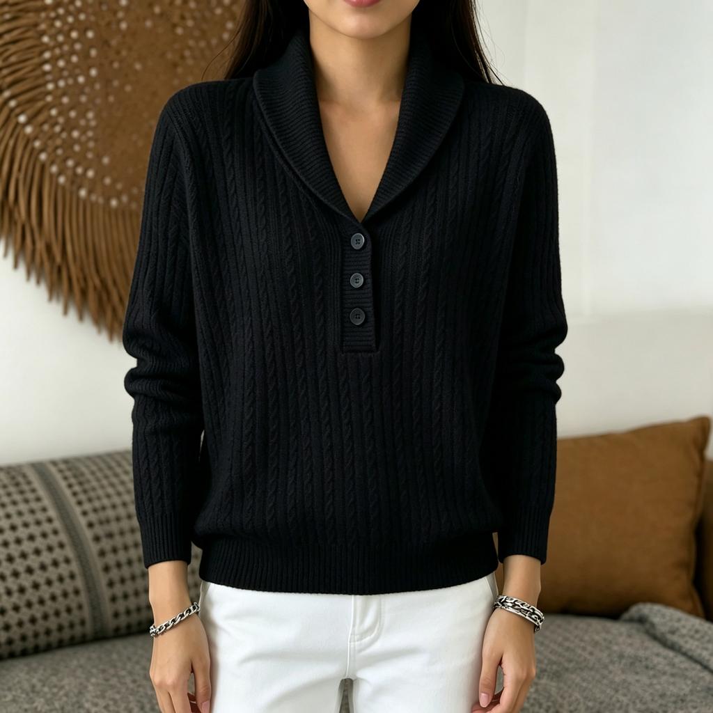 Women's Color Knit Button Sweater with Cable Knit Collar for Casual Wear