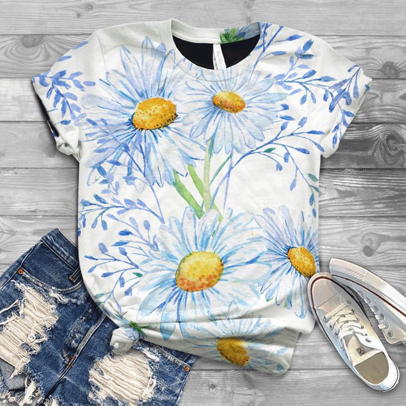 Damen Sommer Europäisch und Amerikanisch Neu 3D Freizeit Kunst Design Blumen Bedrucktes T-Shirt