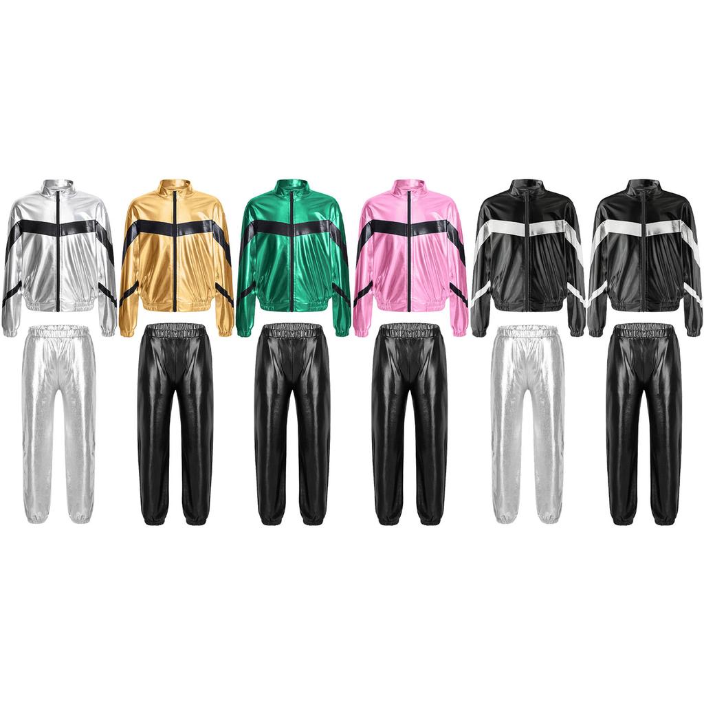 Girls Hip Hop Dance Jacket Metallic Zipper Contrast Color Stand Collar Coat Glittery Waist Pants Set