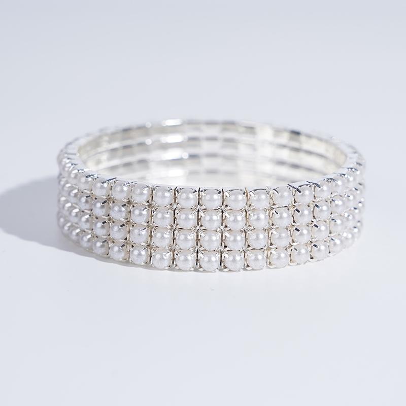 

Classic 4 Rows Pearl Stretch Bracelets Bangles For Women Wedding Bridal Elastic Wristband Bracelet Zircon Gold Copper Color