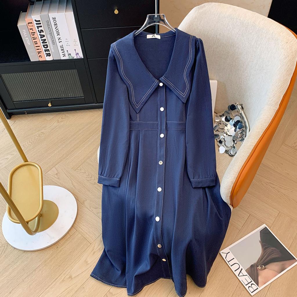 Women's Sailor Collar Long Sleeve A-Line Midi Dress Button Commute Style Retro