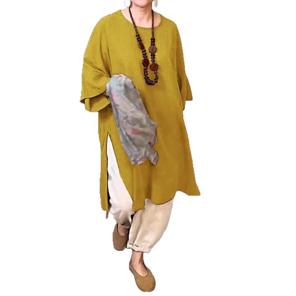 2026 summer new European and American women's solid color round neck seven-quarter sleeve casual linen split-ended long top
