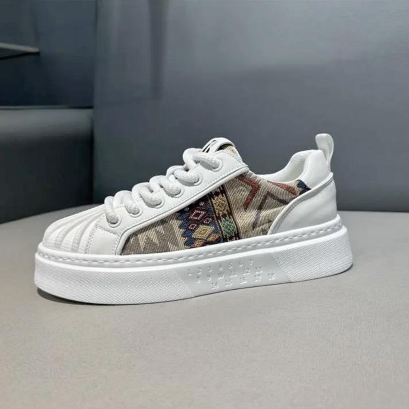 Ethnic Pattern Shell-Toe Platform Sneakers Men's Casual Thick Sole Comfortable Canvas Leather Shoes